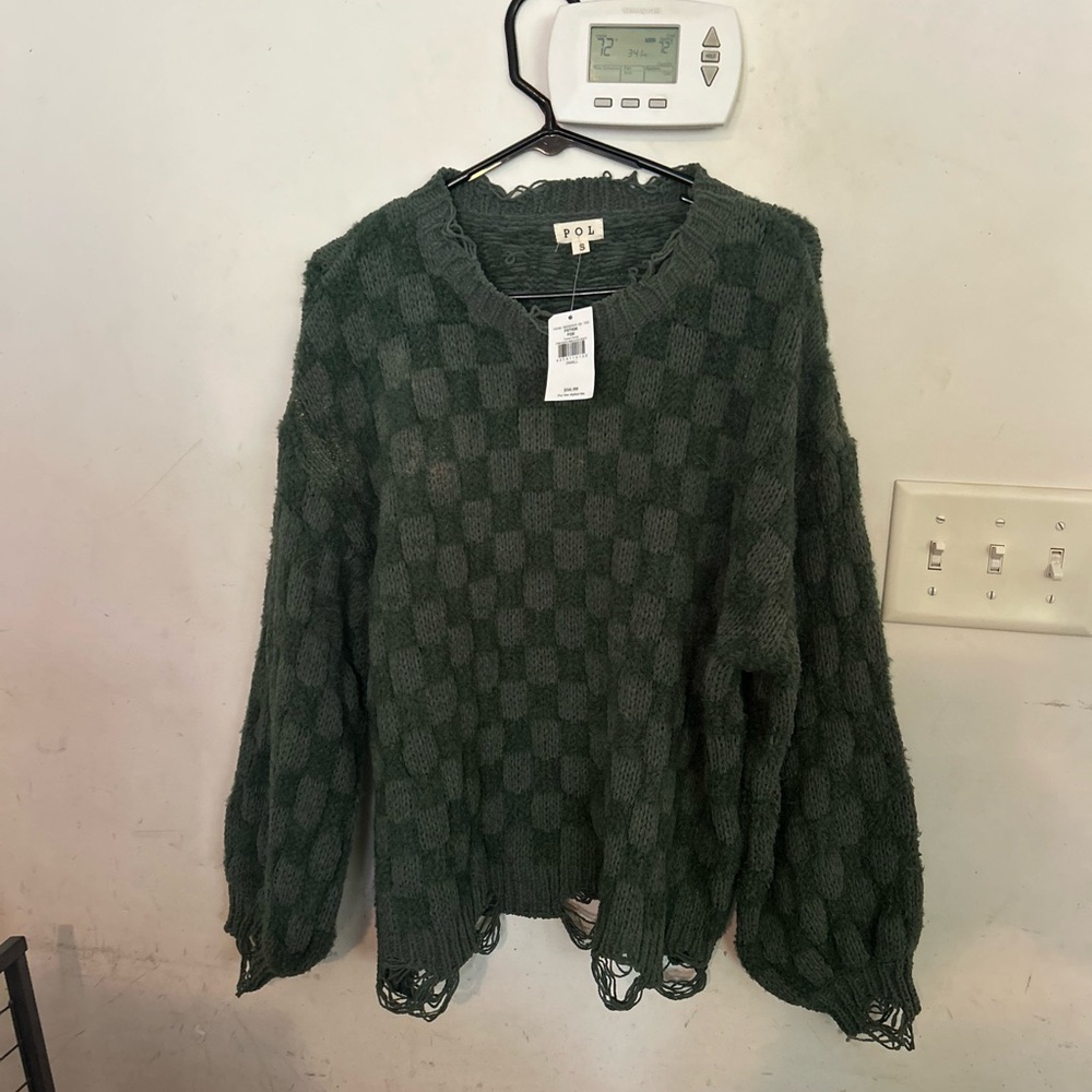 Buckle Green Crew Neck Sweater Plush Knit - Picture 3 of 7